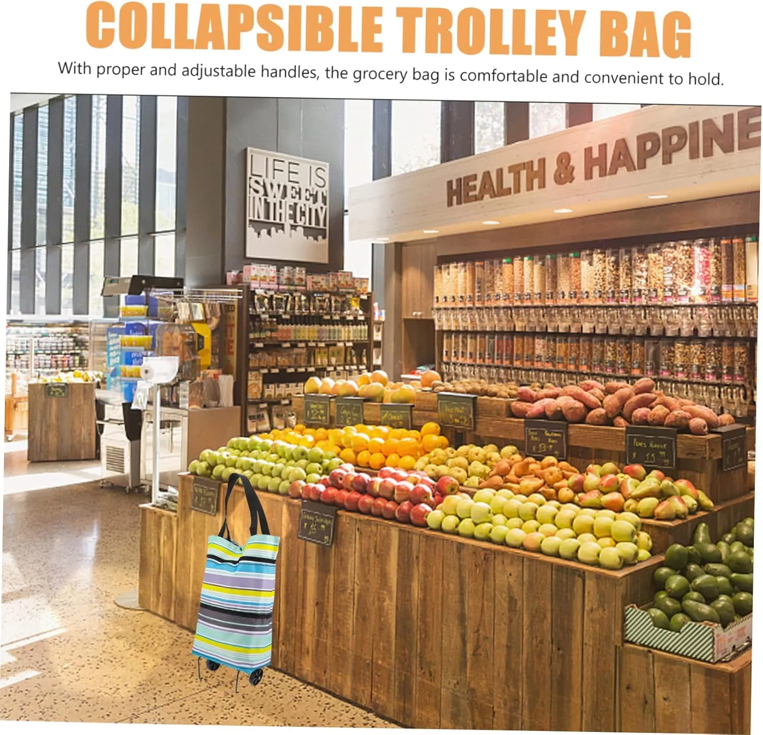 Trolley Bag Shopping Cart with Wheels Foldable Grocery Cart Bag Reusable Portable Utility Dolly Cart Hand Straps Easy Storage Bag