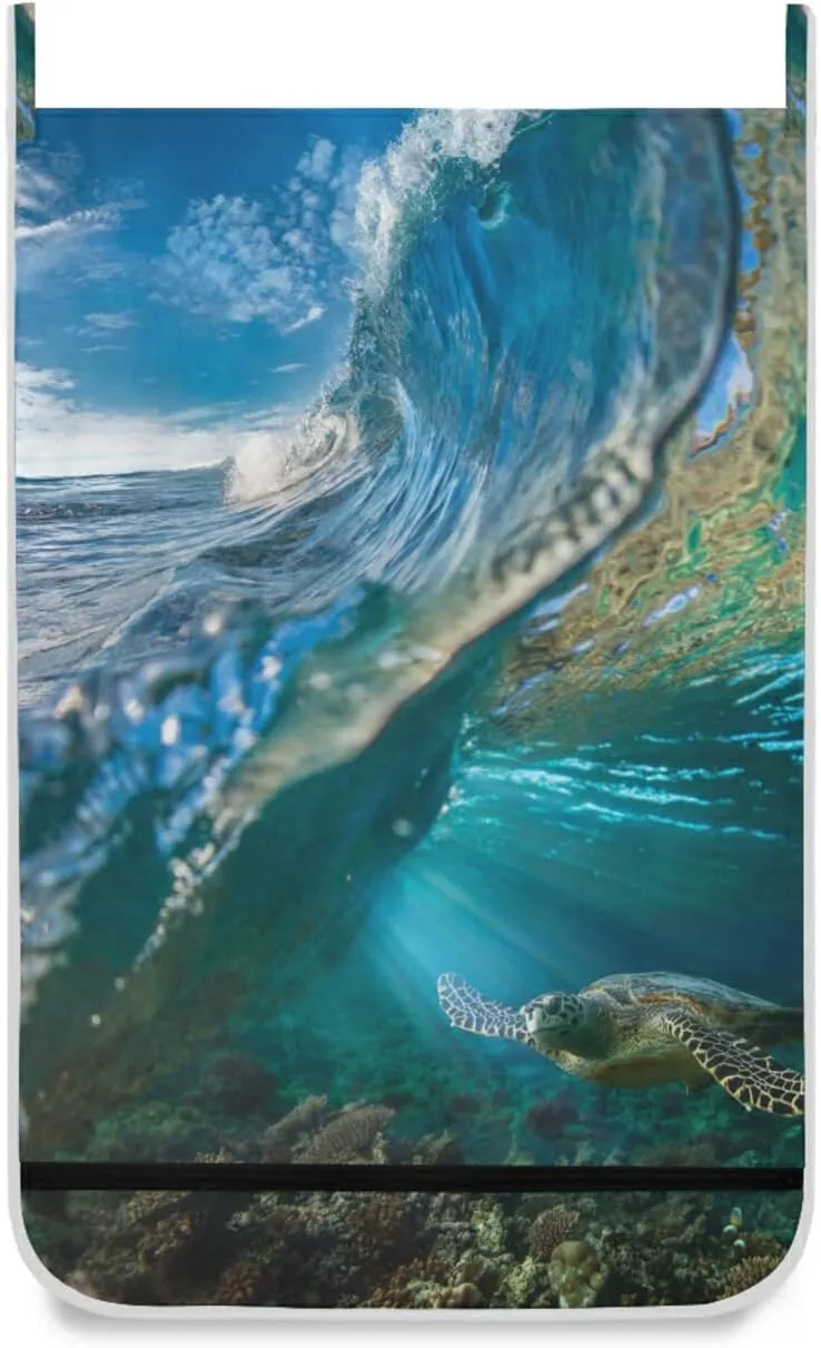 Tropical Big Ocean Wave Inside Sea Animal Turtle Floating Underwater Hanging Laundry Hamper Bag, Dirty Clothes Basket Bag with Hooks Bag Space Saving, For Bathroom, Bedroom, Storage, Behind Doors