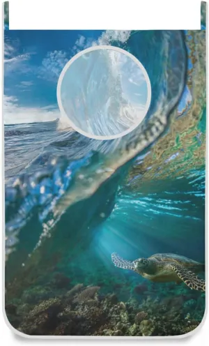 Tropical Big Ocean Wave Inside Sea Animal Turtle Floating Underwater Hanging Laundry Hamper Bag, Dirty Clothes Basket Bag with Hooks Bag Space Saving, For Bathroom, Bedroom, Storage, Behind Doors