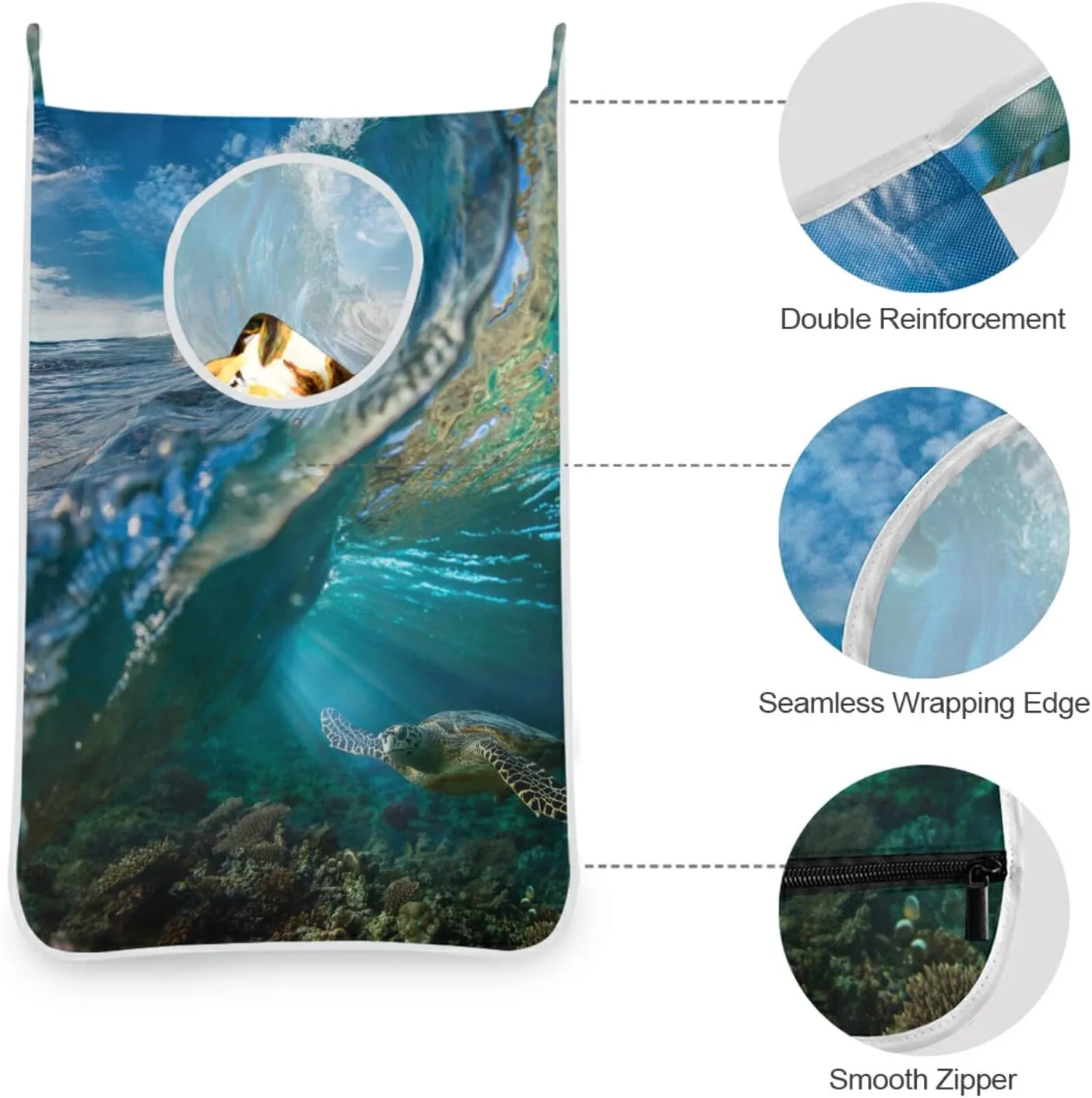 Tropical Big Ocean Wave Inside Sea Animal Turtle Floating Underwater Hanging Laundry Hamper Bag, Dirty Clothes Basket Bag with Hooks Bag Space Saving, For Bathroom, Bedroom, Storage, Behind Doors