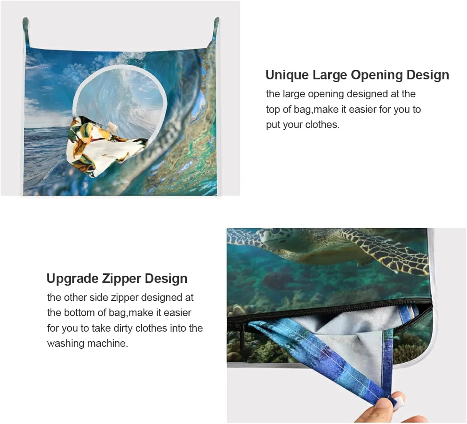 Tropical Big Ocean Wave Inside Sea Animal Turtle Floating Underwater Hanging Laundry Hamper Bag, Dirty Clothes Basket Bag with Hooks Bag Space Saving, For Bathroom, Bedroom, Storage, Behind Doors