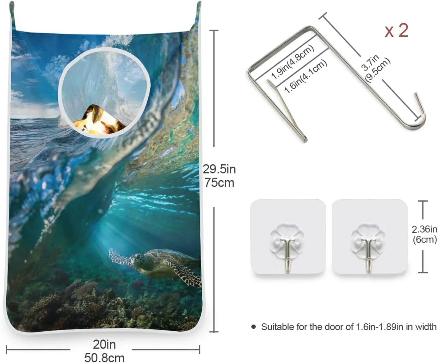 Tropical Big Ocean Wave Inside Sea Animal Turtle Floating Underwater Hanging Laundry Hamper Bag, Dirty Clothes Basket Bag with Hooks Bag Space Saving, For Bathroom, Bedroom, Storage, Behind Doors