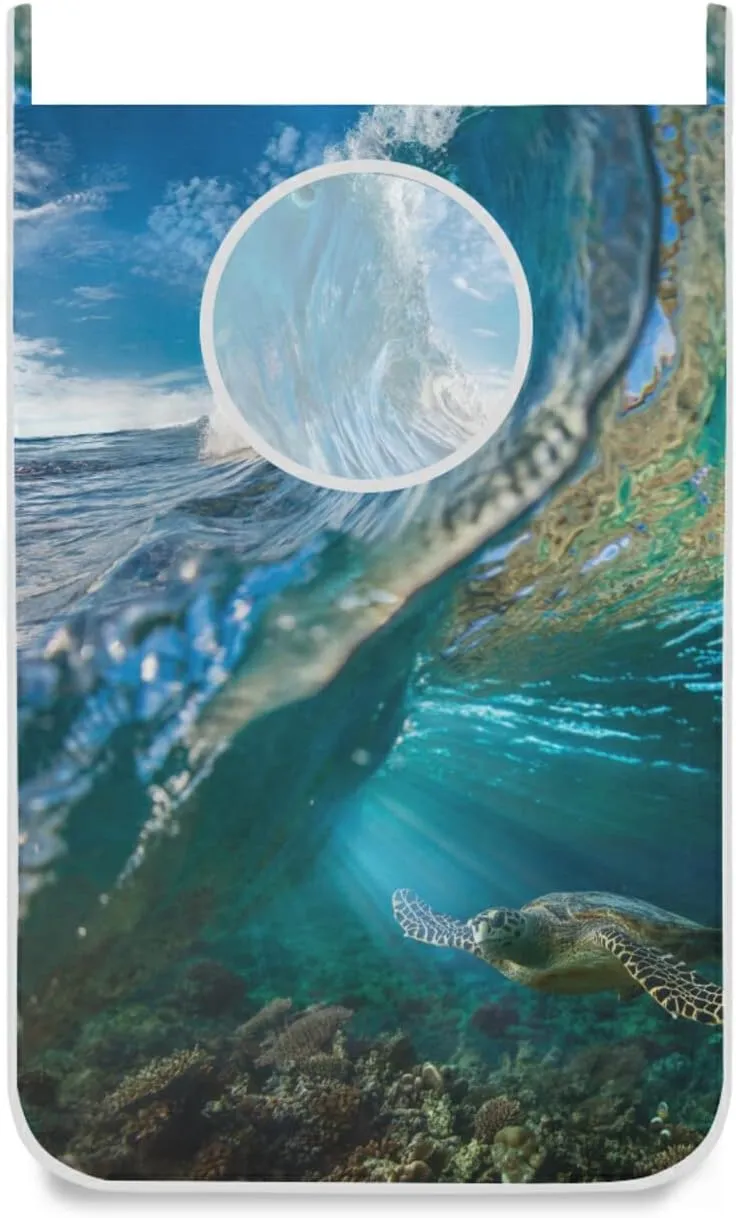 Tropical Big Ocean Wave Inside Sea Animal Turtle Floating Underwater Hanging Laundry Hamper Bag, Dirty Clothes Basket Bag with Hooks Bag Space Saving, For Bathroom, Bedroom, Storage, Behind Doors