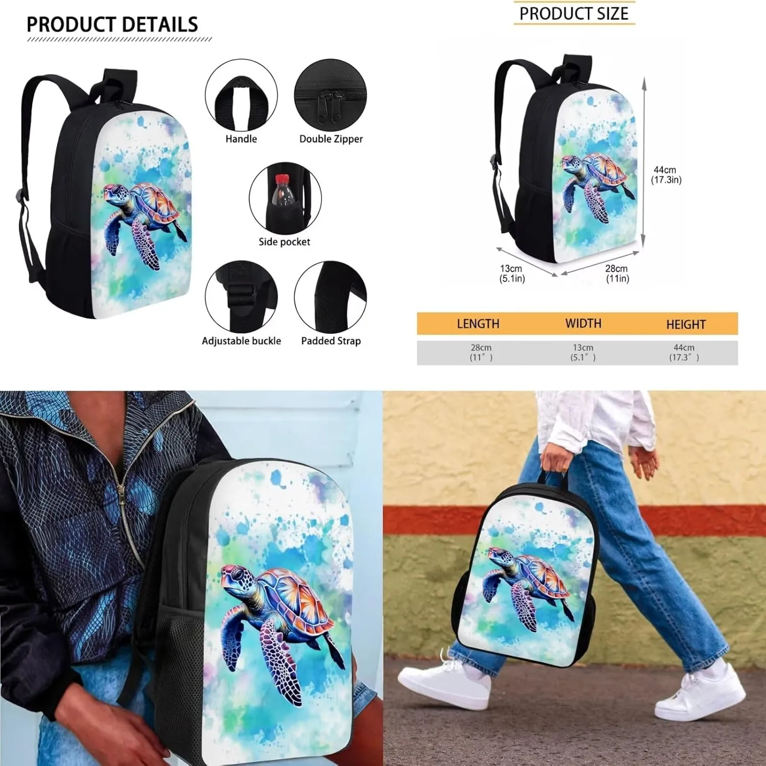 Turtle Middle School Backpacks for Boys Lightweight Sturdy Zippers Bookbag with Lunch Box Leakproof Large Lunch Containers for Back to School Gifts