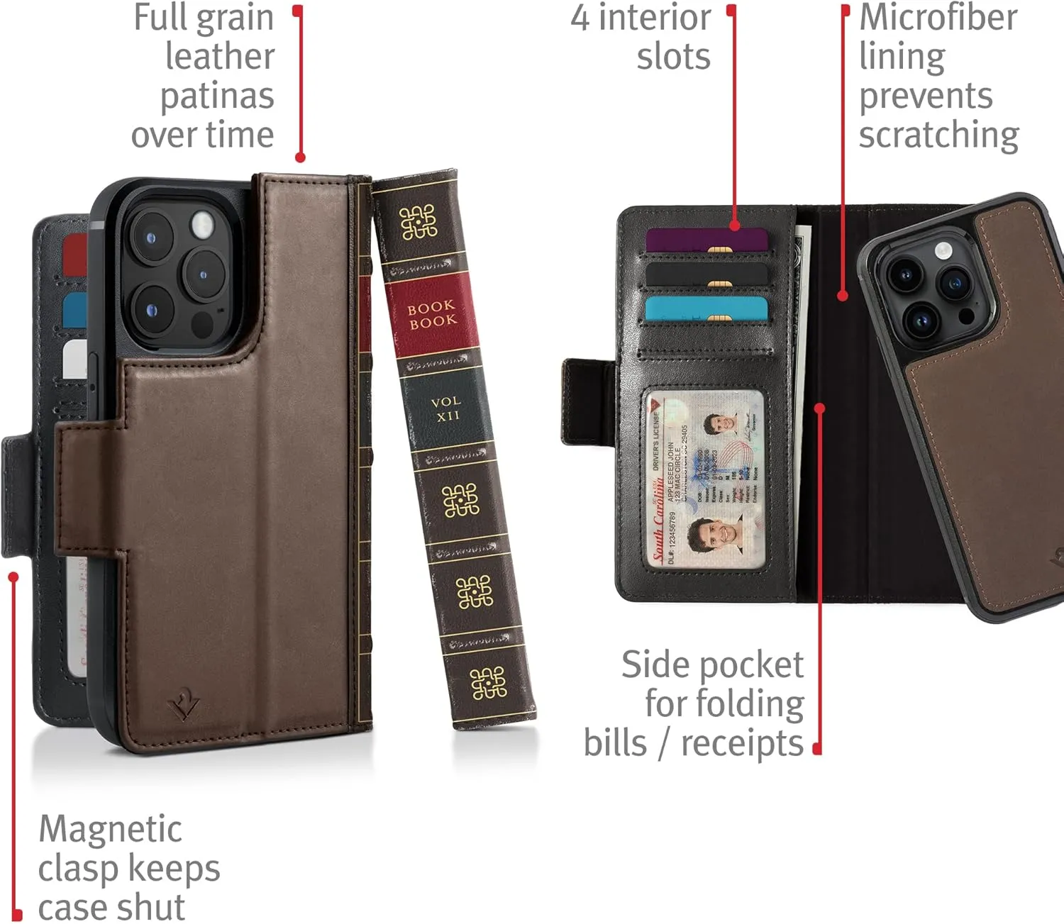 Twelve South BookBook for iPhone 15 Pro | MagSafe Compatible Genuine Leather Wallet Case with Display Stand   Removable Stand-Alone Leather Accent Case, Brown
