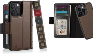 Twelve South BookBook for iPhone 15 Pro | MagSafe Compatible Genuine Leather Wallet Case with Display Stand   Removable Stand-Alone Leather Accent Case, Brown