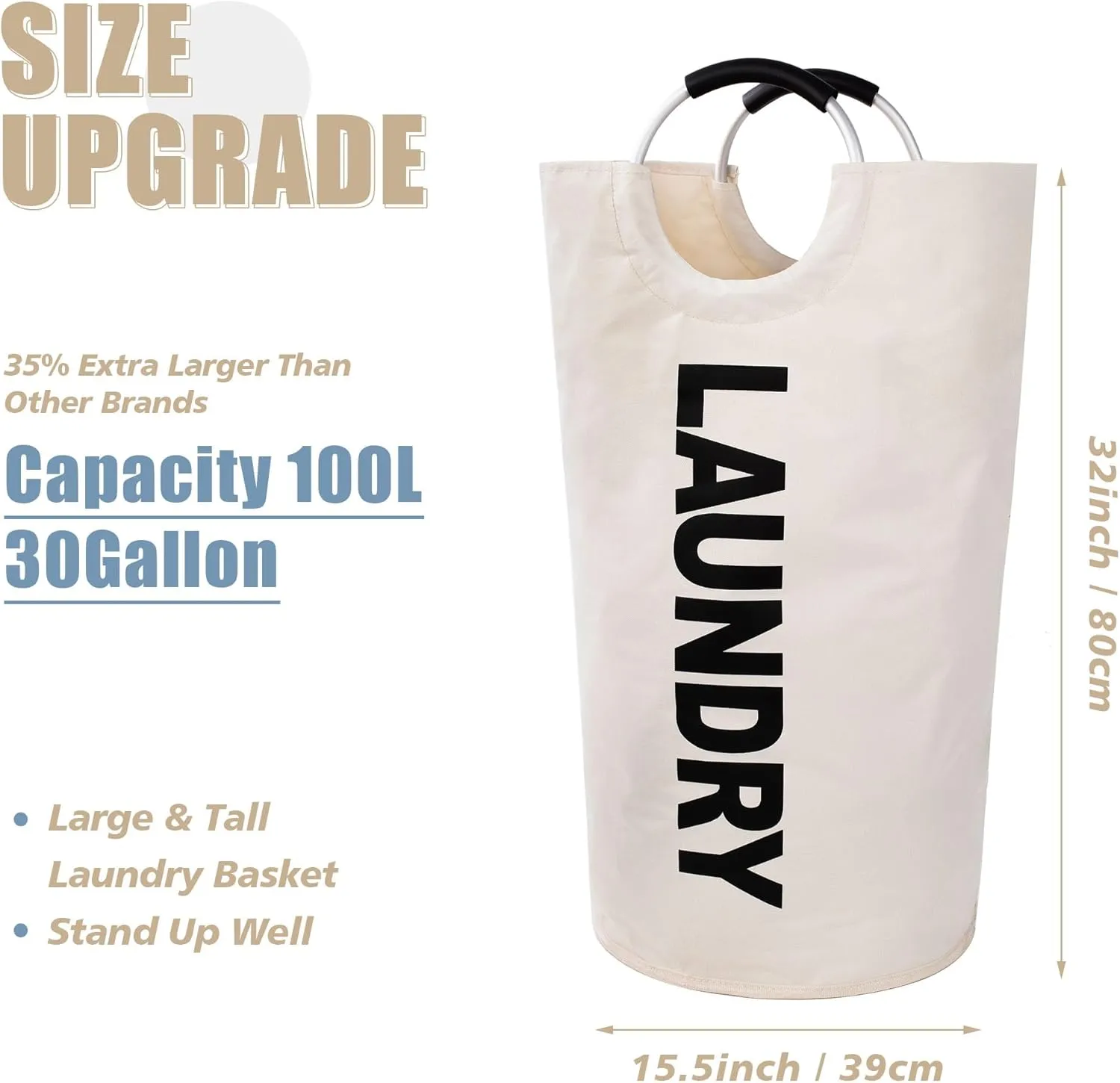 Twira 100L Large Laundry Basket, Laundry Hamper Stands Up Well, Laundry Bag with Padded Handles, Waterproof Clothes Bin Collapsible, Clothes Hamper for Bathroom, Laundry, College (Beige)