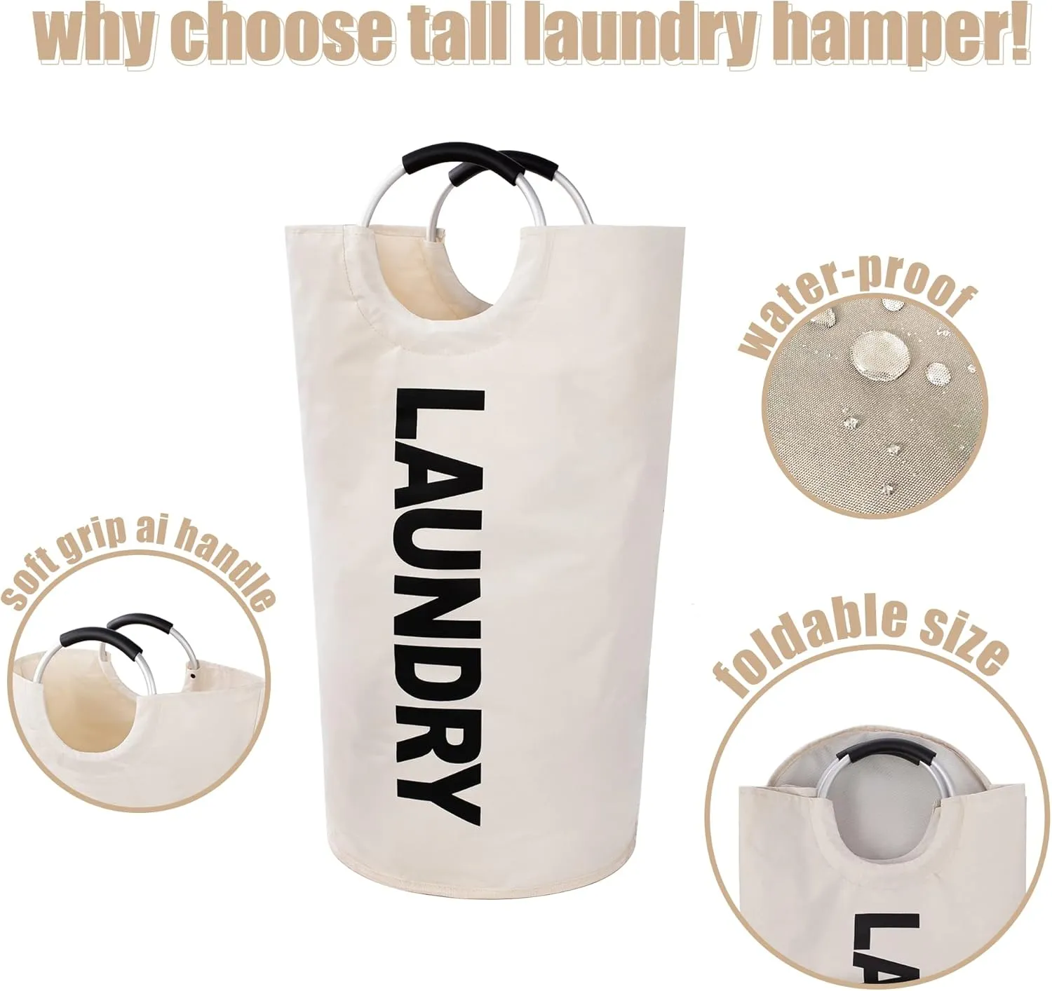 Twira 100L Large Laundry Basket, Laundry Hamper Stands Up Well, Laundry Bag with Padded Handles, Waterproof Clothes Bin Collapsible, Clothes Hamper for Bathroom, Laundry, College (Beige)