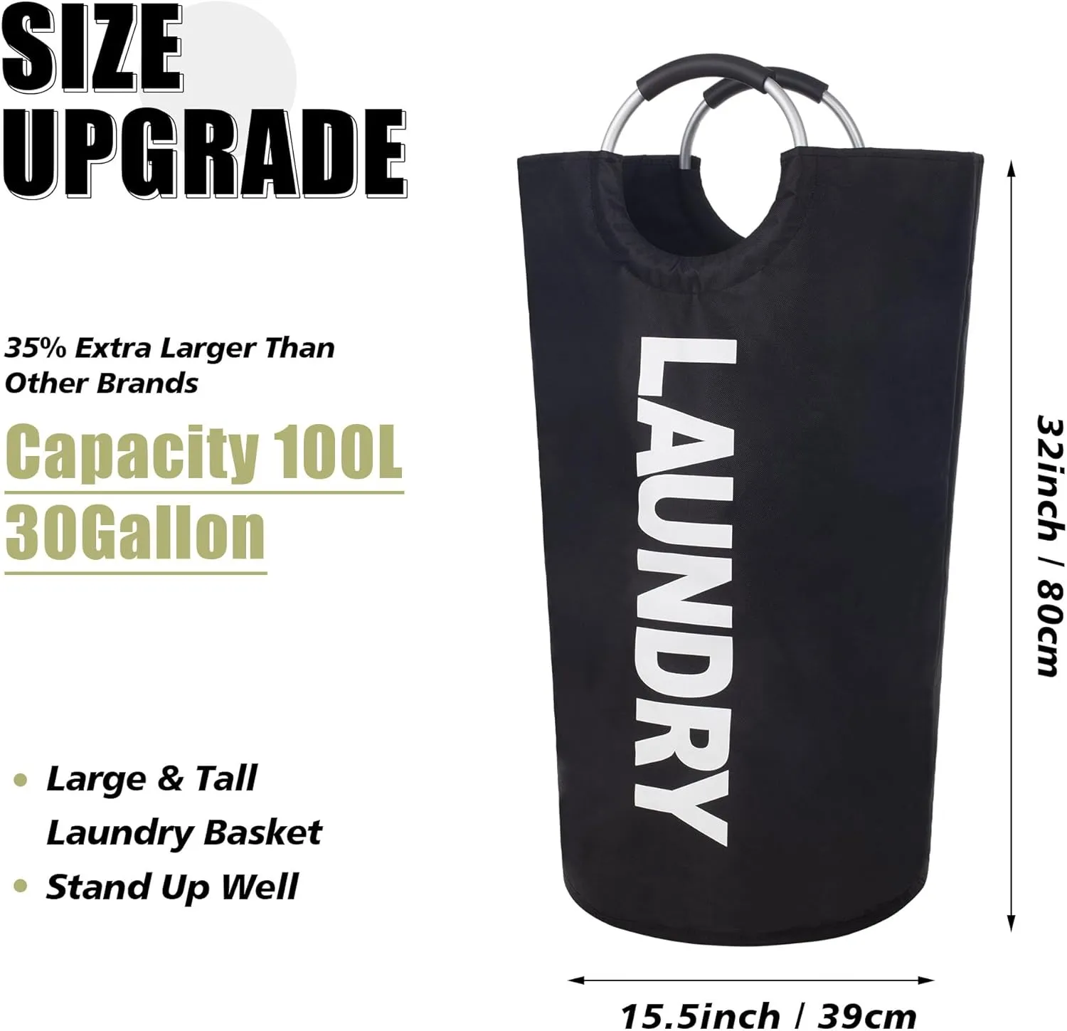 Twira 100L Large Laundry Basket, Laundry Hamper Stands Up Well, Laundry Bag with Padded Handles, Waterproof Clothes Bin Collapsible, Clothes Hamper for Bathroom, Laundry, College (Black)