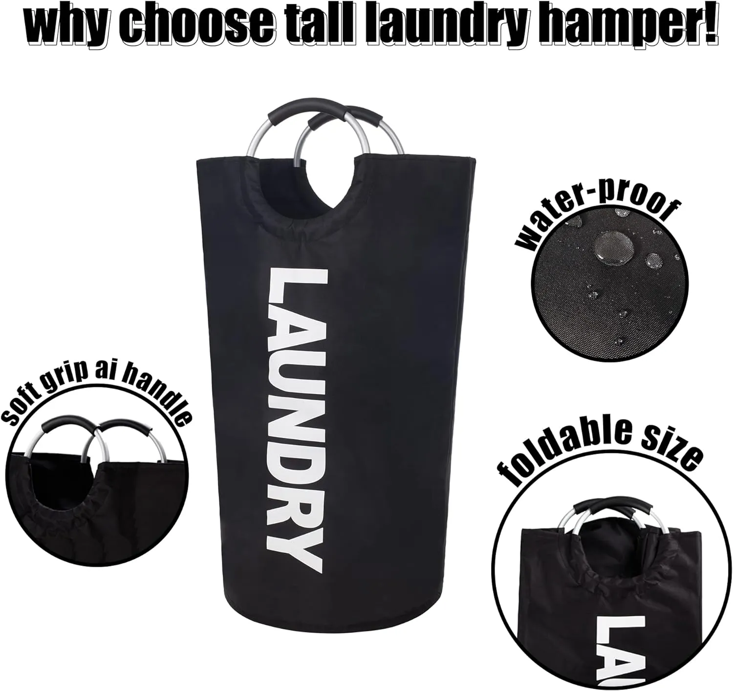 Twira 100L Large Laundry Basket, Laundry Hamper Stands Up Well, Laundry Bag with Padded Handles, Waterproof Clothes Bin Collapsible, Clothes Hamper for Bathroom, Laundry, College (Black)