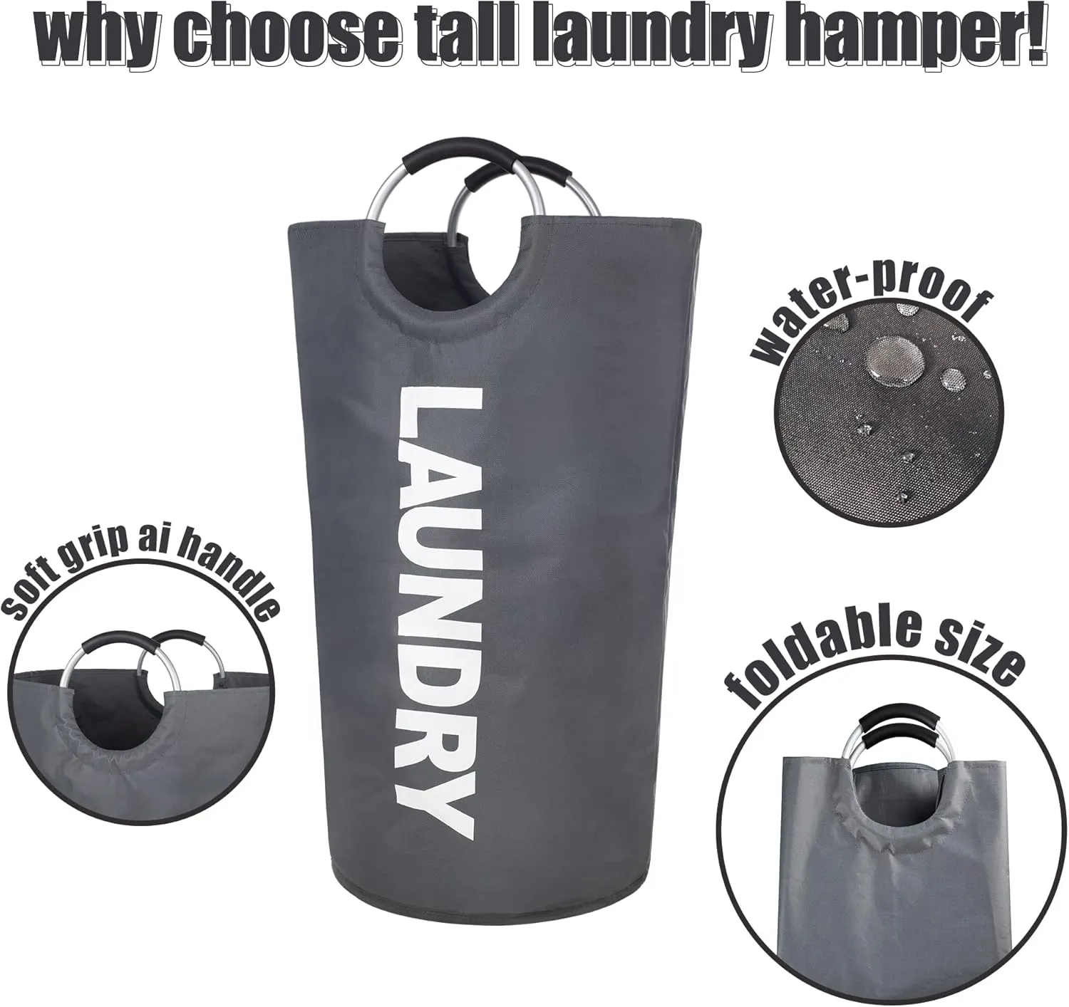 Twira 100L Large Laundry Basket, Laundry Hamper Stands Up Well, Laundry Bag with Padded Handles, Waterproof Clothes Bin Collapsible, Clothes Hamper for Bathroom, Laundry, College (Dark Grey)