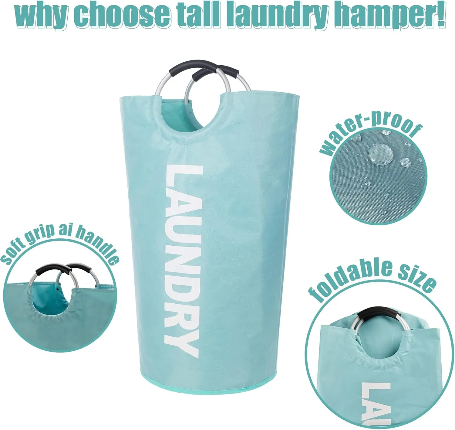 Twira 100L Large Laundry Basket, Laundry Hamper Stands Up Well, Laundry Bag with Padded Handles, Waterproof Clothes Bin Collapsible, Clothes Hamper for Bathroom, Laundry, College (Light Blue)