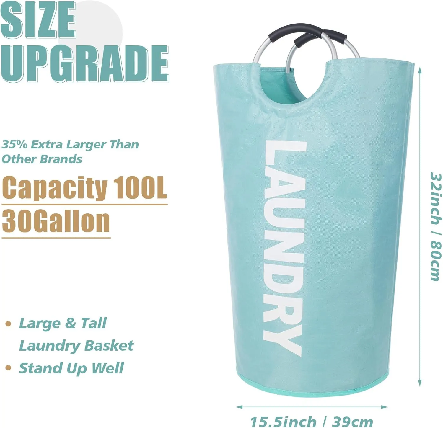 Twira 100L Large Laundry Basket, Laundry Hamper Stands Up Well, Laundry Bag with Padded Handles, Waterproof Clothes Bin Collapsible, Clothes Hamper for Bathroom, Laundry, College (Light Blue)