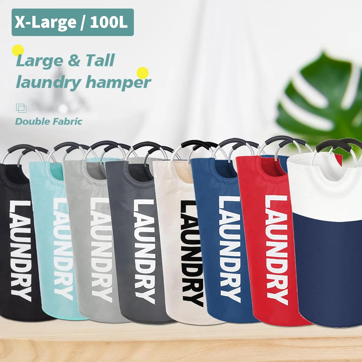 Twira 100L Large Laundry Basket, Laundry Hamper Stands Up Well, Laundry Bag with Padded Handles, Waterproof Clothes Bin Collapsible, Clothes Hamper for Bathroom, Laundry, College (Light Blue)