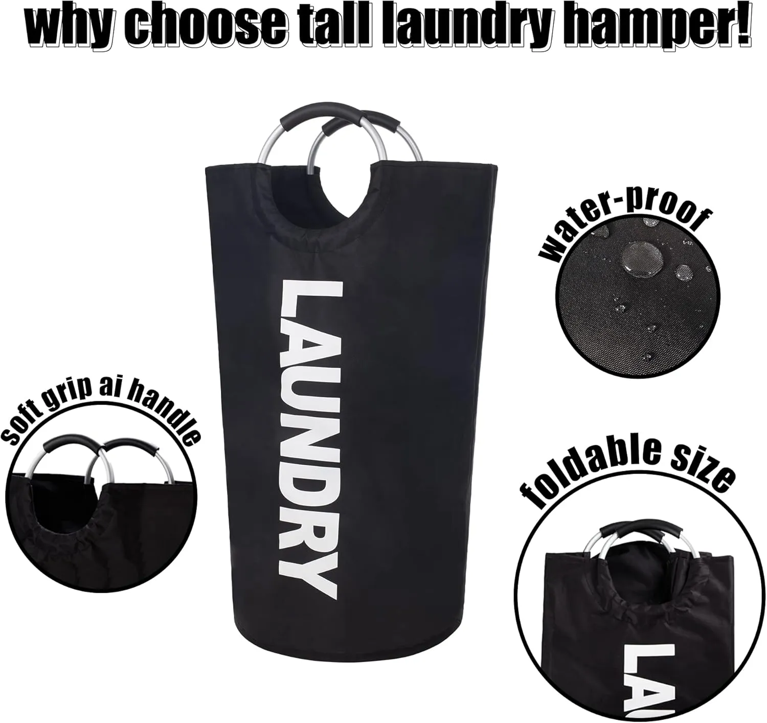 Twira 125L Pro XX-Large Laundry Baskets, Laundry Hamper Stands Up Well, Laundry Bag with Padded Handles, Waterproof Laundry Basket Collapsible, Clothes Hamper for College, Laundry, Bathroom (Black)
