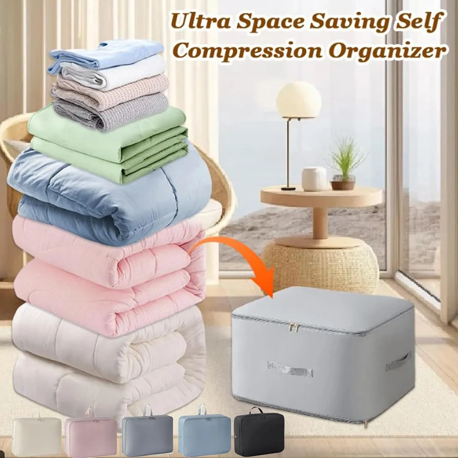 Ultra Space Saving Self Compression Organizer, Compression Duvet Storage Bag Large Capacity, Heavy Duty Moving Bags, Self Compression Moving Organizer Bags for Comforters, Clothes (BLUE,X-Large)
