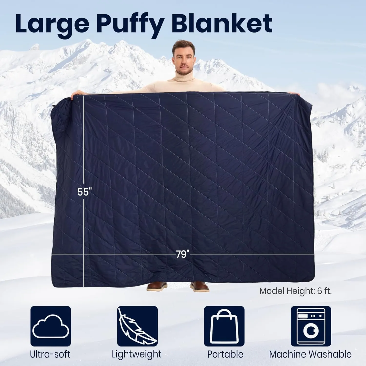 Ultralight Puffy Blanket, Outdoor Camping Blanket, Water-Resistant and Packable, Great for Camping, Stadium, Traveling, Backpacking, Picnic and Beach. 79"x55". Royal Blue