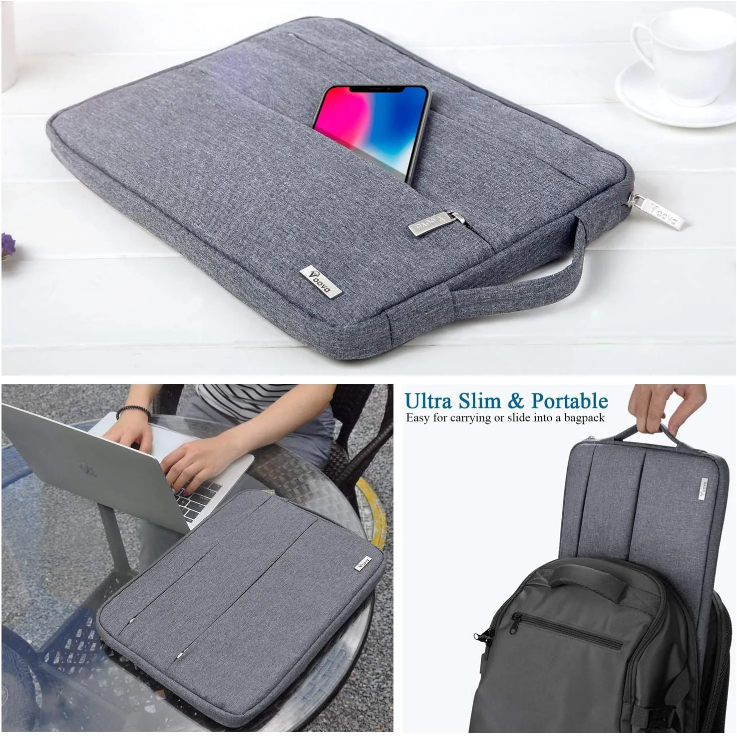 V Voova Laptop Sleeve Carrying Case 13 13.6 Inch for MacBook Air 13 M3/M2/M1, MacBook Pro 13, IPad Pro 12.9, Waterproof Slim Computer Cover Bag with Handle, Grey