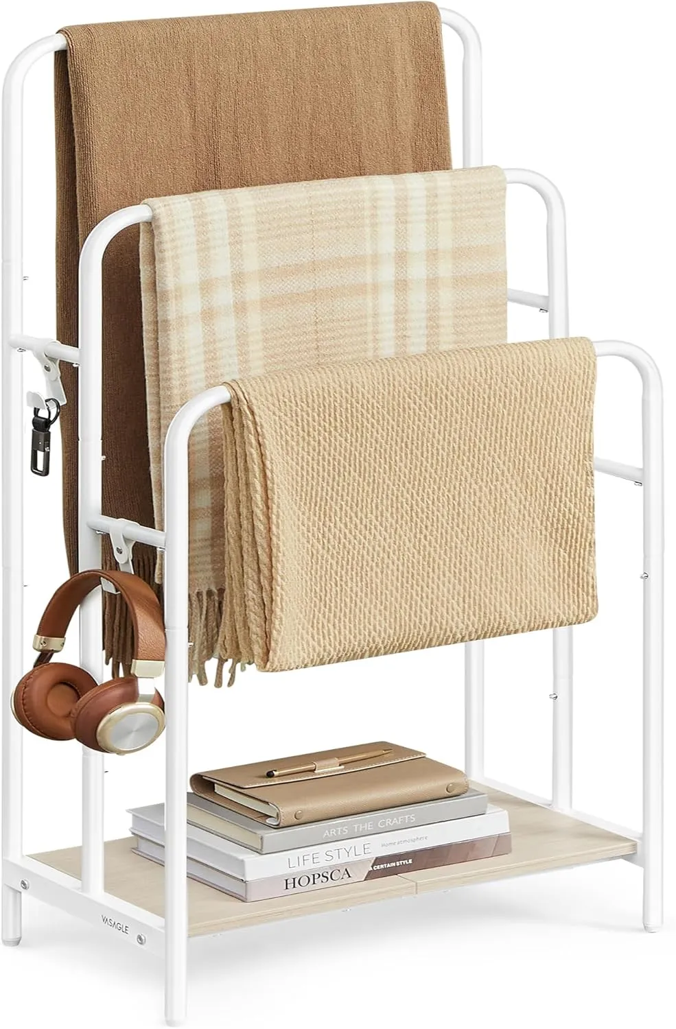 VASAGLE Freestanding Towel Rack, 3-Tier Blanket Holder with Storage Shelf, 19.7 x 11.8 x 39.4 Inches, Blanket Rack, 2 Hooks, for Blankets, Bath Towels, Cloud White and Natural Beige ULLS009W01