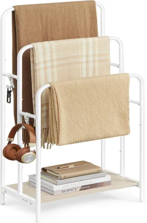VASAGLE Freestanding Towel Rack, 3-Tier Blanket Holder with Storage Shelf, 19.7 x 11.8 x 39.4 Inches, Blanket Rack, 2 Hooks, for Blankets, Bath Towels, Cloud White and Natural Beige ULLS009W01