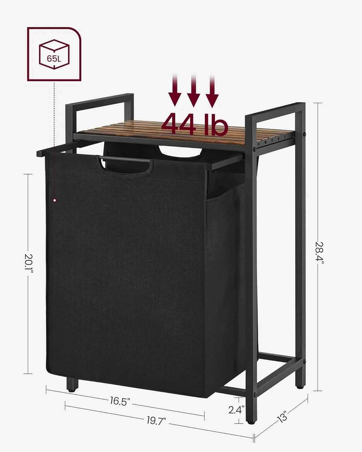 VASAGLE Laundry Hamper, Laundry Basket, Laundry Sorter with A Pull-Out and Removable Bag, Shelf, Metal Frame, 17.2 Gallons (65 L), 19.7 x 13 x 28.4 Inches, Black and Rustic Brown UBLH101B01