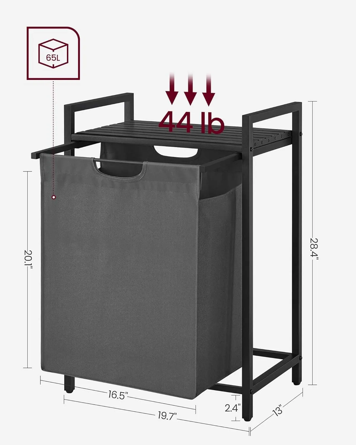 VASAGLE Laundry Hamper, Laundry Basket, Laundry Sorter with A Pull-Out and Removable Bag, Shelf, Metal Frame, 17.2 Gallons (65 L), 19.7 x 13 x 28.4 Inches, Gray and Black UBLH101G01