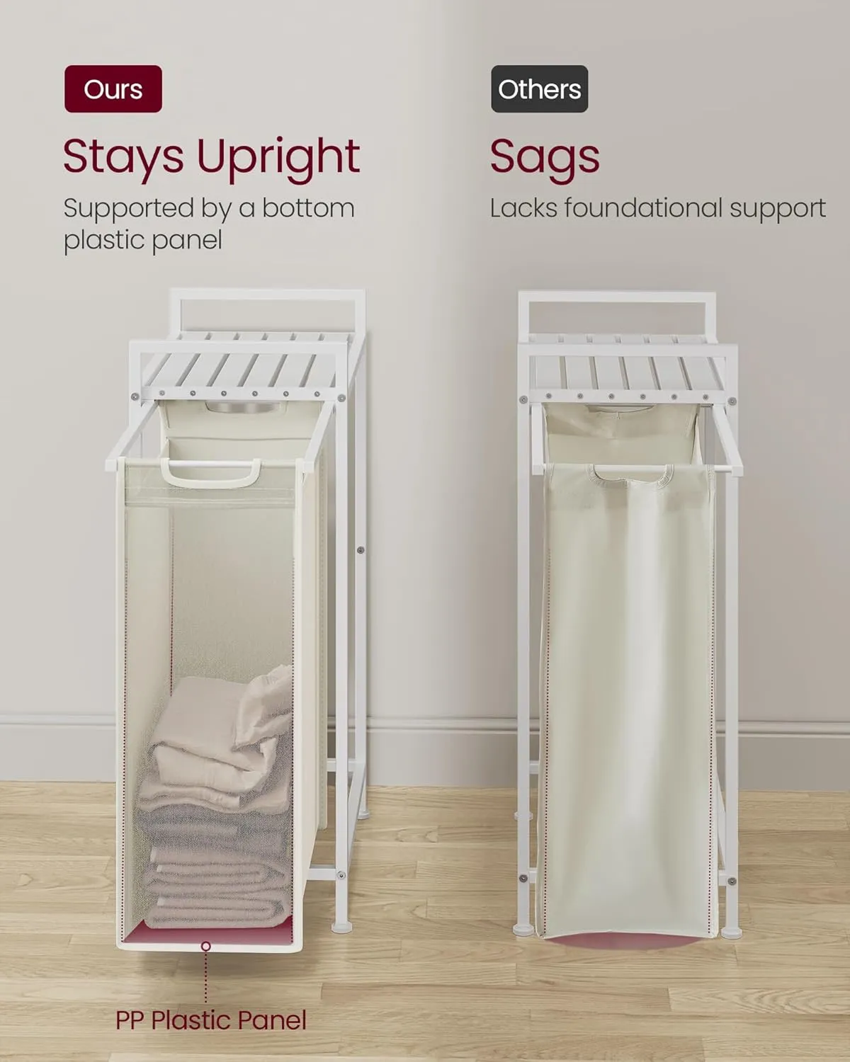 VASAGLE Laundry Hamper, Slim Laundry Basket, Laundry Sorter with A Pull-Out and Removable Bag, Shelf, Metal Frame, 12.7 Gallons (47 L), 16.5 x 11 x 29.5 Inches, Cream White and Cloud White UBLH001W01