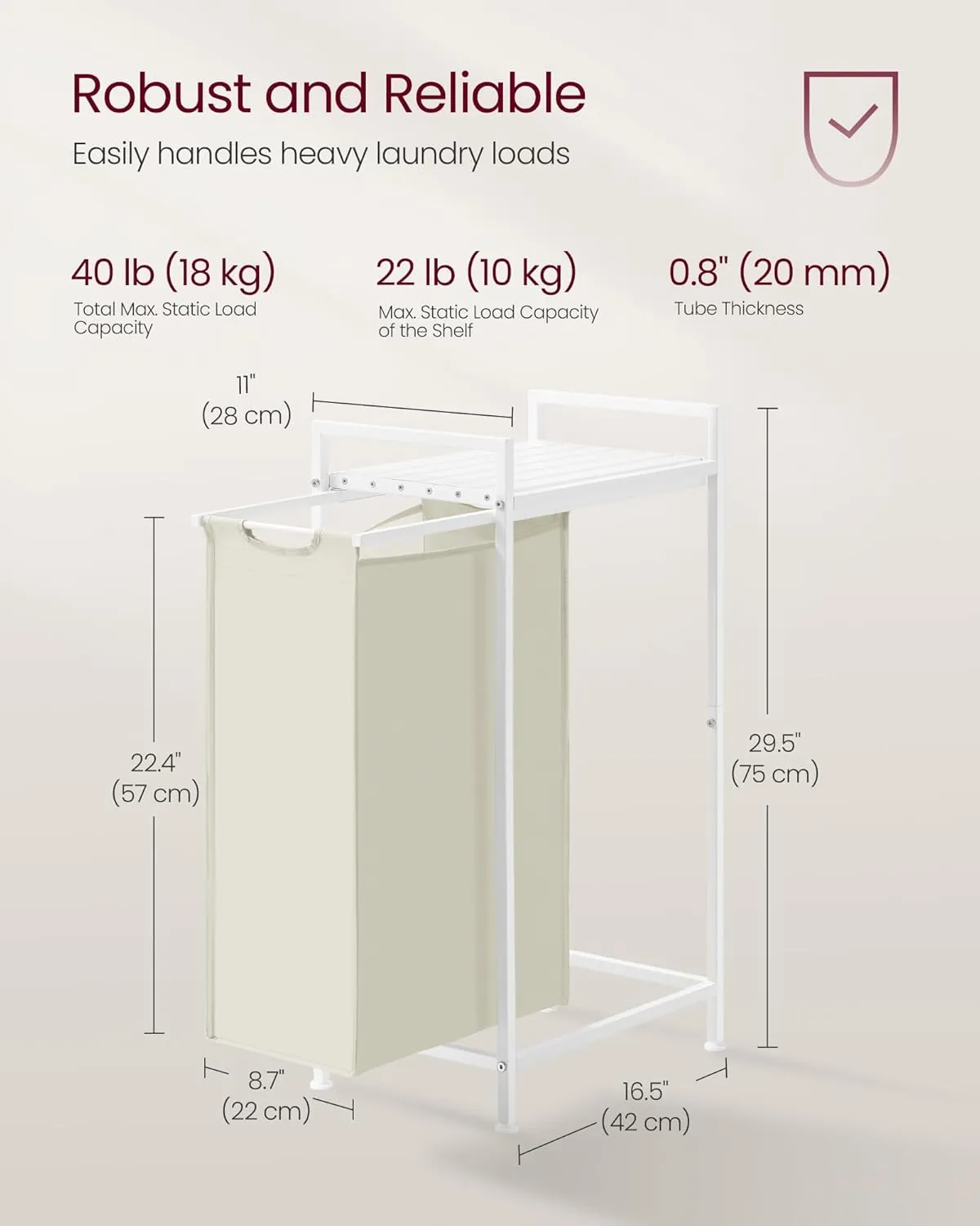 VASAGLE Laundry Hamper, Slim Laundry Basket, Laundry Sorter with A Pull-Out and Removable Bag, Shelf, Metal Frame, 12.7 Gallons (47 L), 16.5 x 11 x 29.5 Inches, Cream White and Cloud White UBLH001W01