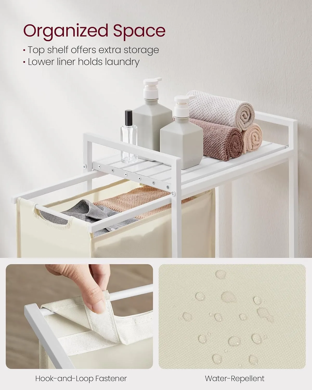 VASAGLE Laundry Hamper, Slim Laundry Basket, Laundry Sorter with A Pull-Out and Removable Bag, Shelf, Metal Frame, 12.7 Gallons (47 L), 16.5 x 11 x 29.5 Inches, Cream White and Cloud White UBLH001W01