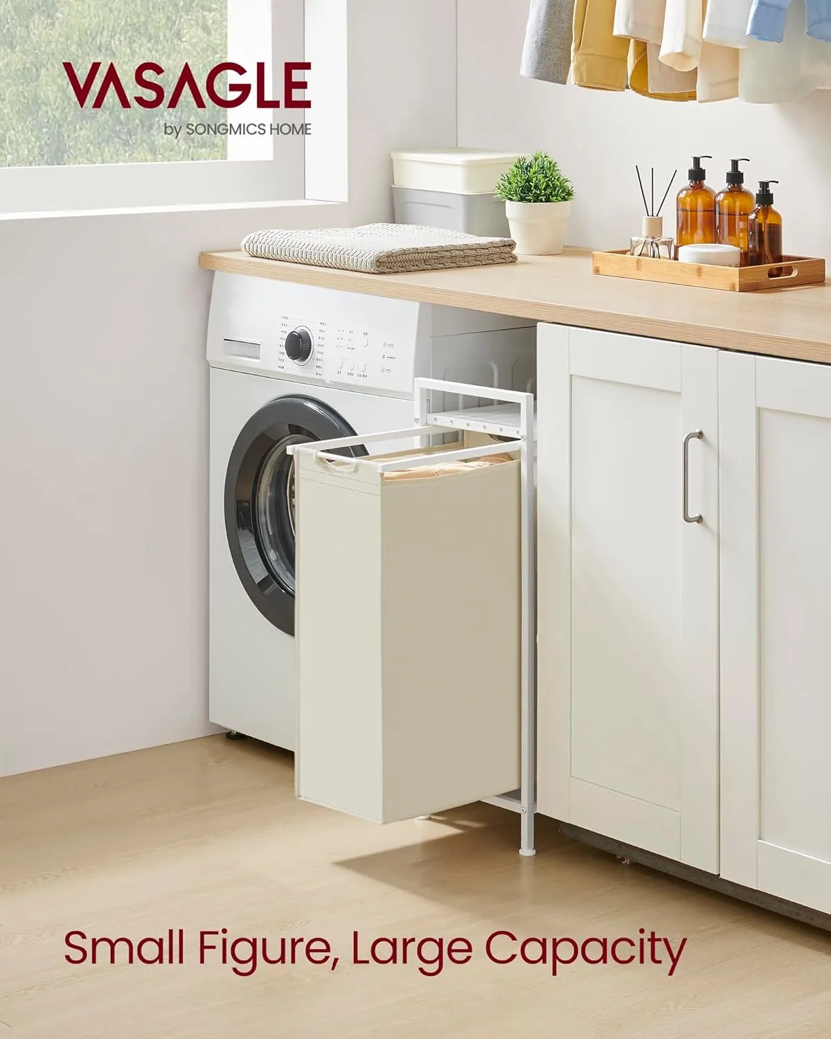 VASAGLE Laundry Hamper, Slim Laundry Basket, Laundry Sorter with A Pull-Out and Removable Bag, Shelf, Metal Frame, 12.7 Gallons (47 L), 16.5 x 11 x 29.5 Inches, Cream White and Cloud White UBLH001W01