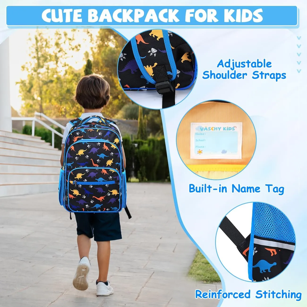 VASCHY Kids Backpack for Elementary School, Boys Large Bookbags School Bags for Primary School/Travel Black Dinos