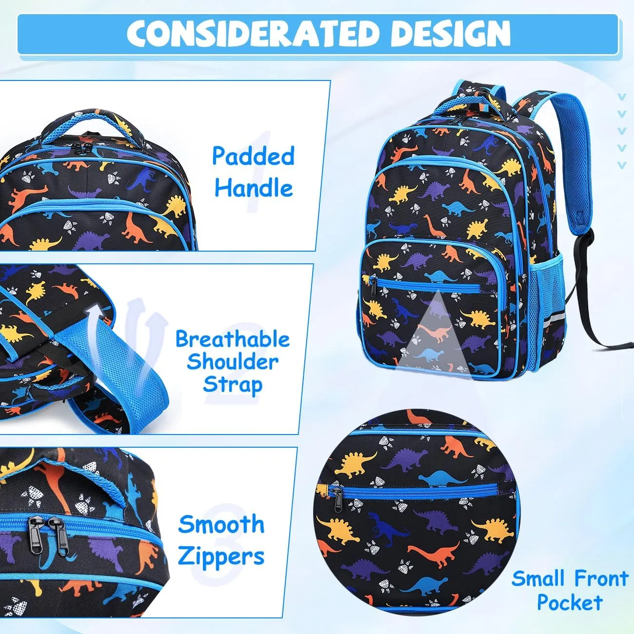 VASCHY Kids Backpack for Elementary School, Boys Large Bookbags School Bags for Primary School/Travel Black Dinos
