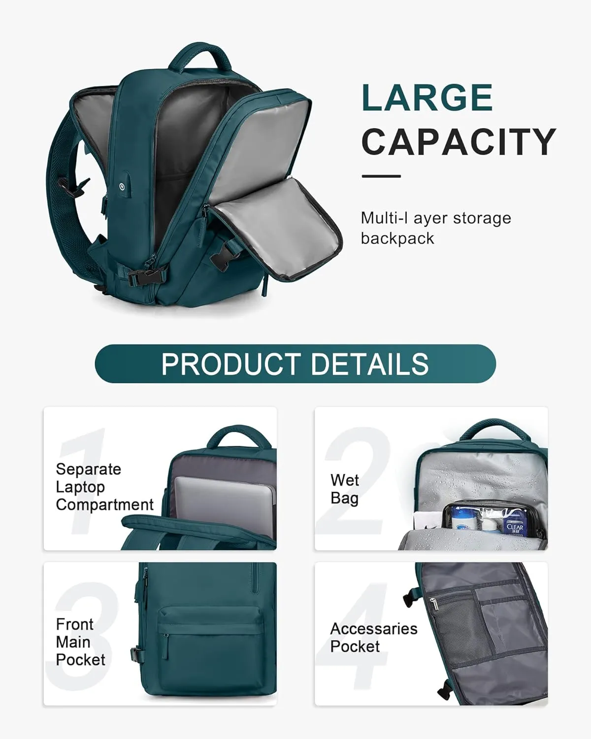 VECAVE Travel Backpack,Carry On Backpack for Women,Airline Flight Approved Waterproof 14 Inch Laptop Backpack with Shoe Compartment Casual Daypack Backpacks PeacockBlue