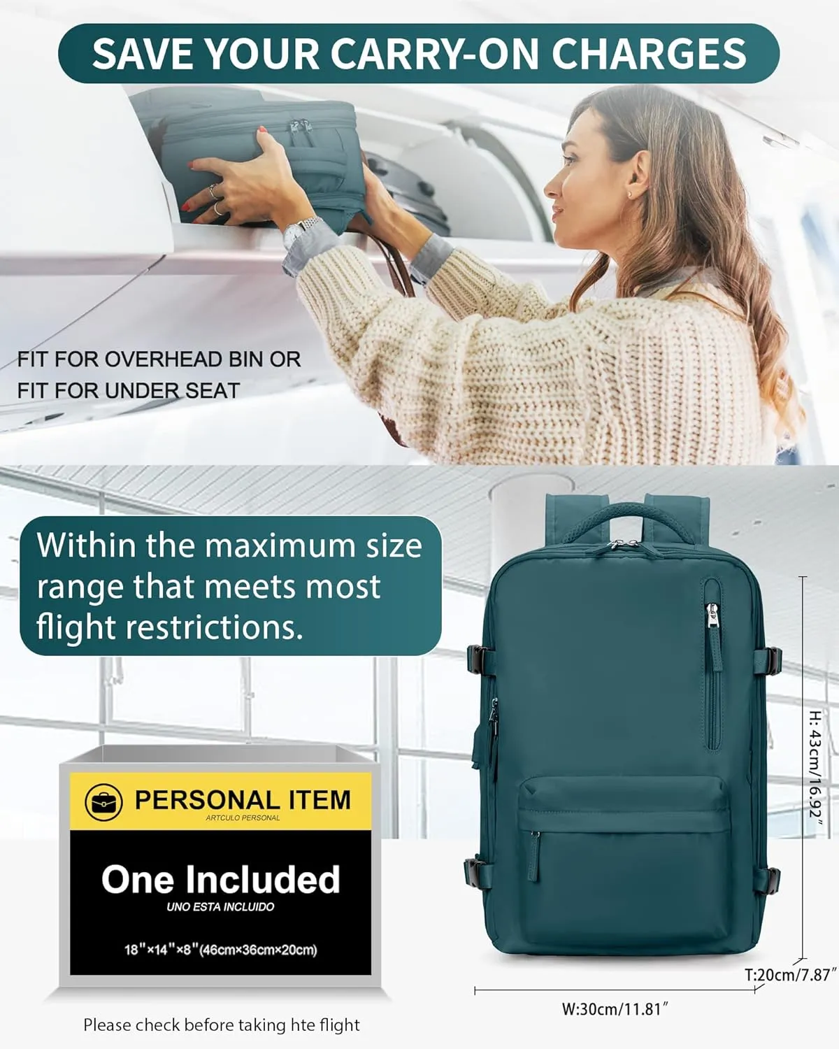 VECAVE Travel Backpack,Carry On Backpack for Women,Airline Flight Approved Waterproof 14 Inch Laptop Backpack with Shoe Compartment Casual Daypack Backpacks PeacockBlue