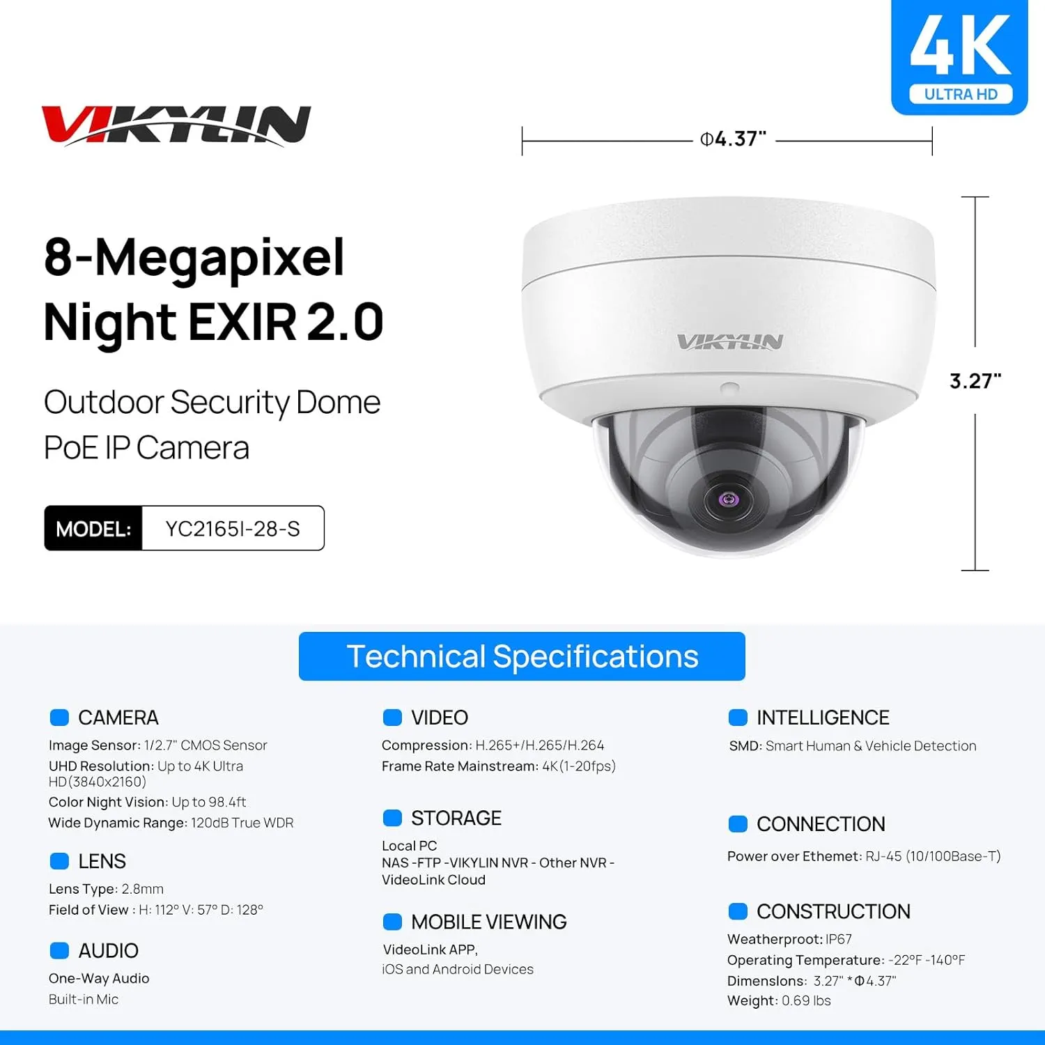 VIKYLIN 4K 8MP PoE IP Camera, Outdoor 4K Security PoE Vandal Dome Camera with Human Vehicle Detection, 2.8mm Lens, 98ft EXIR2.0 Night Vision,Built-in Mic, IK10/IP67, Blue Iris,NDAA Compliant (Not PTZ)