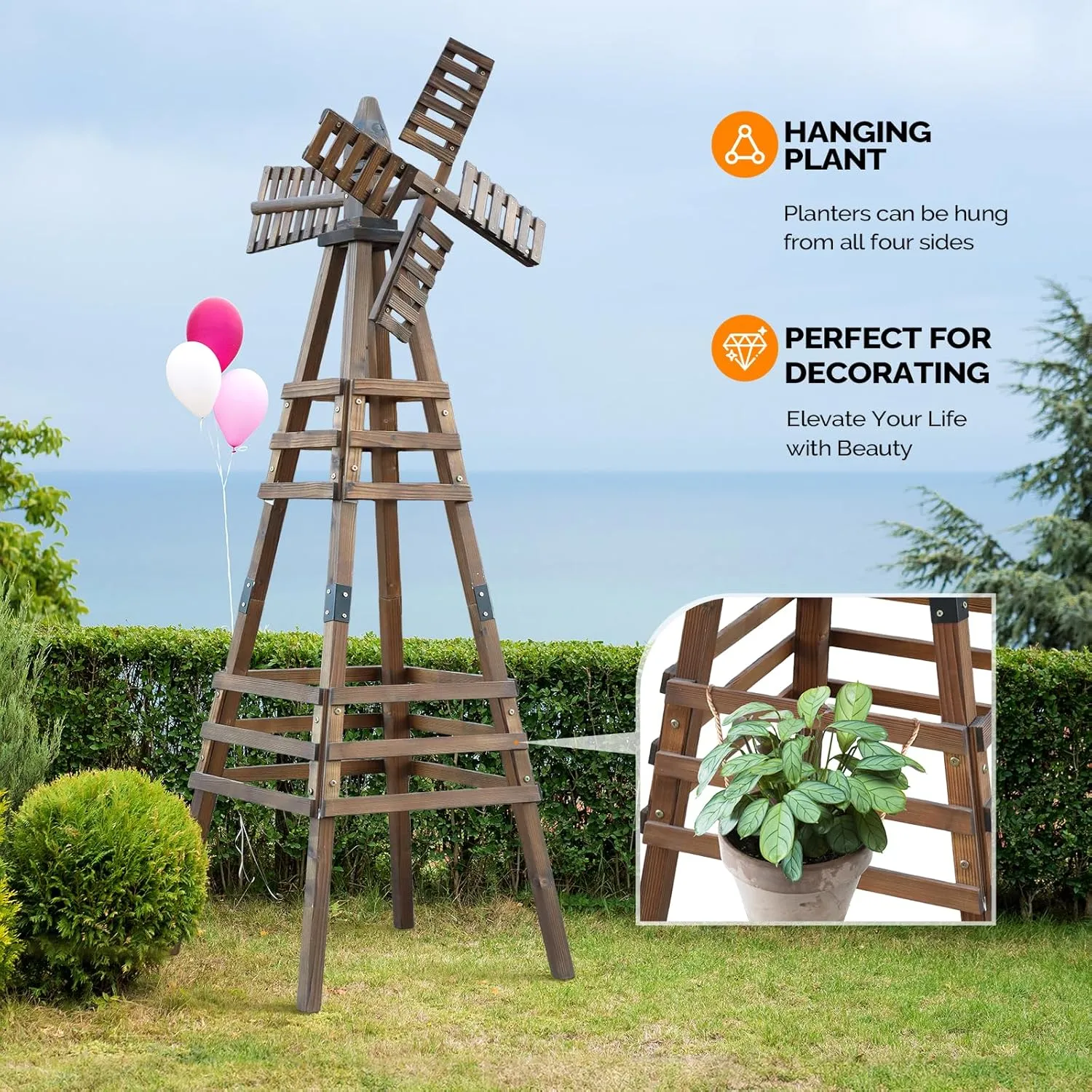 VINGLI Outdoor Yard Windmill, Wooden Wind Spinner for Garden Yard Lawn Patio Decoration (Carbonized Wood, Medium)