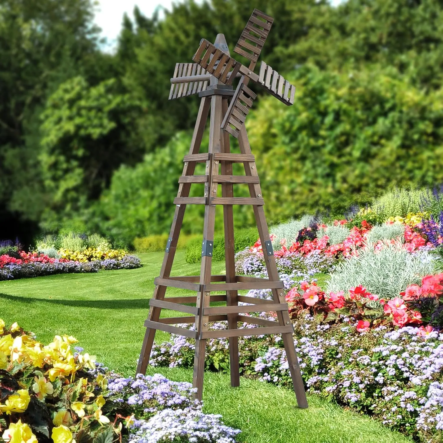 VINGLI Outdoor Yard Windmill, Wooden Wind Spinner for Garden Yard Lawn Patio Decoration (Carbonized Wood, Medium)