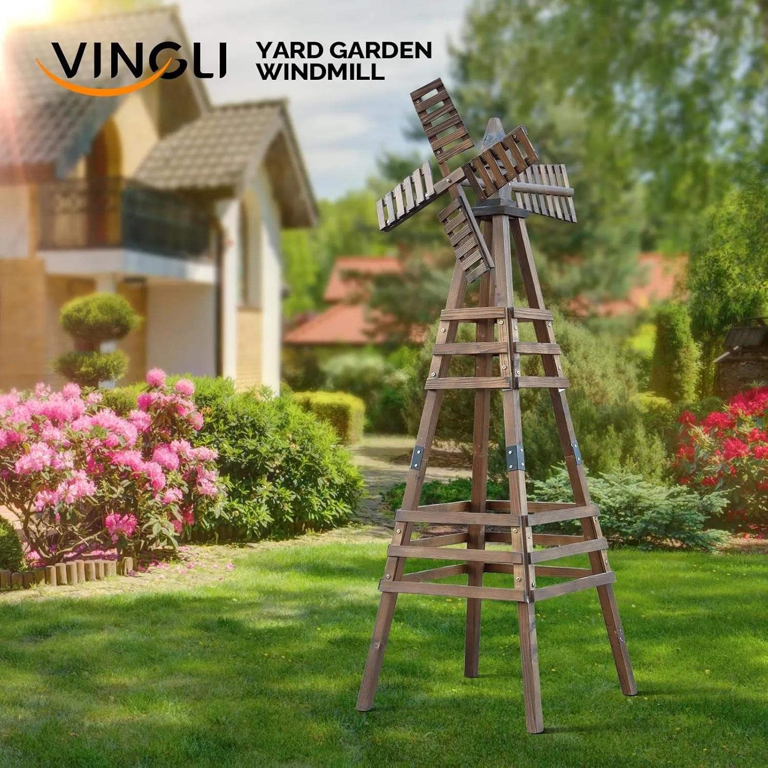 VINGLI Outdoor Yard Windmill, Wooden Wind Spinner for Garden Yard Lawn Patio Decoration (Carbonized Wood, Medium)