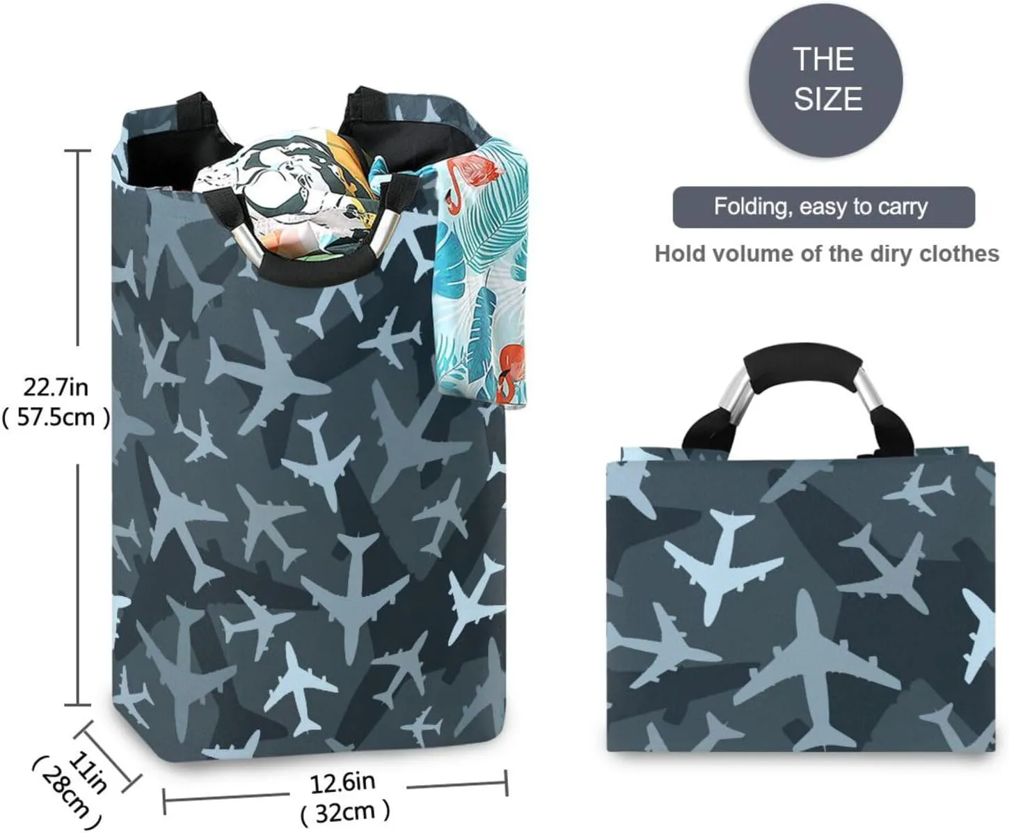 Vintage Grey Camouflage Airplane Large Laundry Baskets Washing Hamper Bag Army Camo Dirty Clothes Storage Bin Toy book Clothing Holder With Handles For Home Bathroom Bedroom 50L