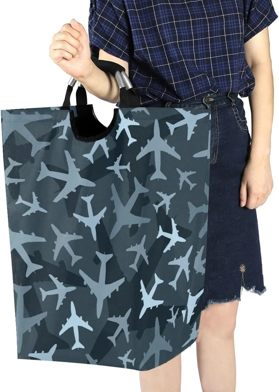 Vintage Grey Camouflage Airplane Large Laundry Baskets Washing Hamper Bag Army Camo Dirty Clothes Storage Bin Toy book Clothing Holder With Handles For Home Bathroom Bedroom 50L