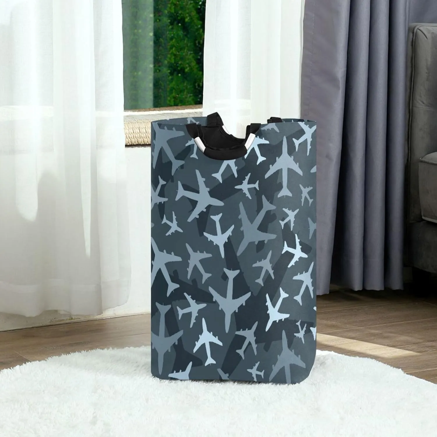 Vintage Grey Camouflage Airplane Large Laundry Baskets Washing Hamper Bag Army Camo Dirty Clothes Storage Bin Toy book Clothing Holder With Handles For Home Bathroom Bedroom 50L