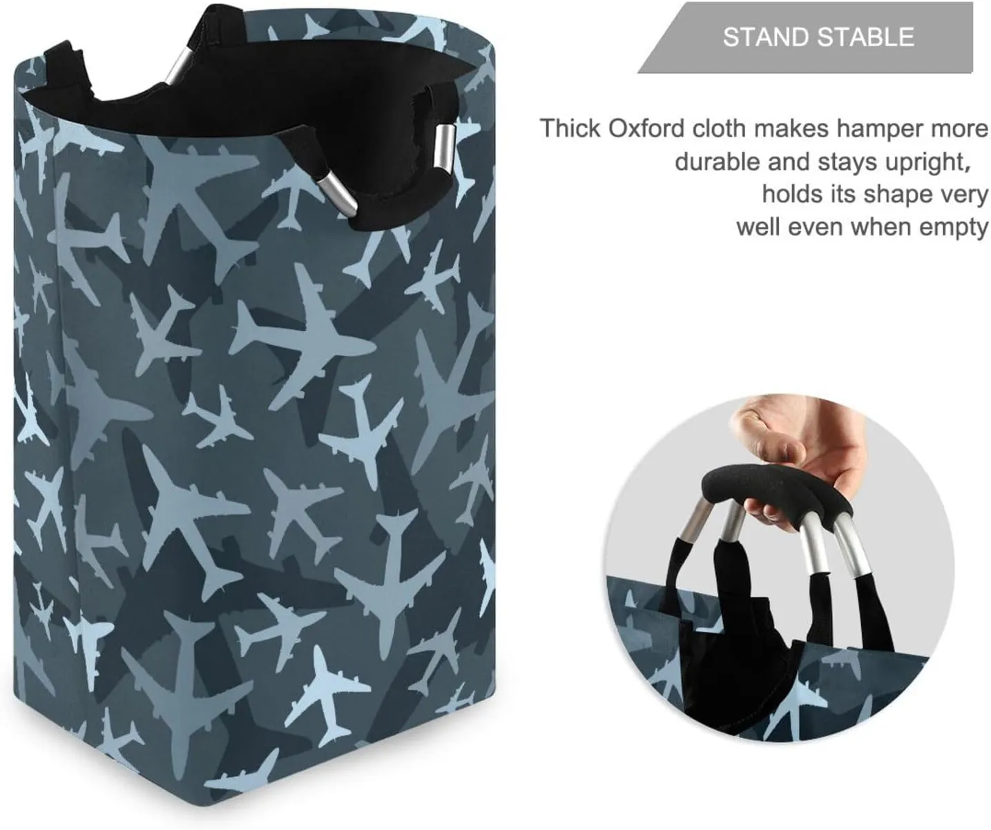 Vintage Grey Camouflage Airplane Large Laundry Baskets Washing Hamper Bag Army Camo Dirty Clothes Storage Bin Toy book Clothing Holder With Handles For Home Bathroom Bedroom 50L
