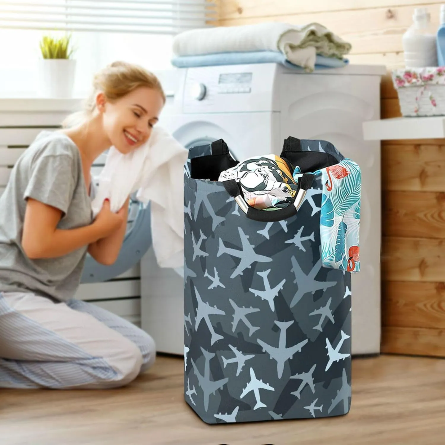 Vintage Grey Camouflage Airplane Large Laundry Baskets Washing Hamper Bag Army Camo Dirty Clothes Storage Bin Toy book Clothing Holder With Handles For Home Bathroom Bedroom 50L