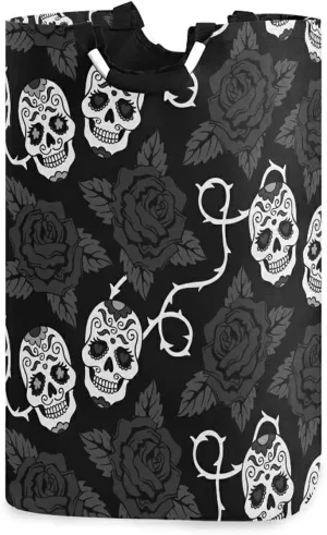 Vintage Seamless Sugar Skulls Roses with Green Leaves on Black Laundry Hamper Basket Bucket, Foldable Dirty Clothes Bag, Waterproof Fabric Washing Bin, Toy Storage with Handles for Bathroom