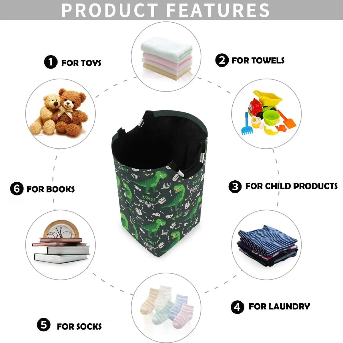 visesunny Collapsible Laundry Basket Dinosaur Bone Roar Animal Large Laundry Hamper with Handle Toys and Clothing Organization for Bathroom, Bedroom, Home, Dorm, Travel