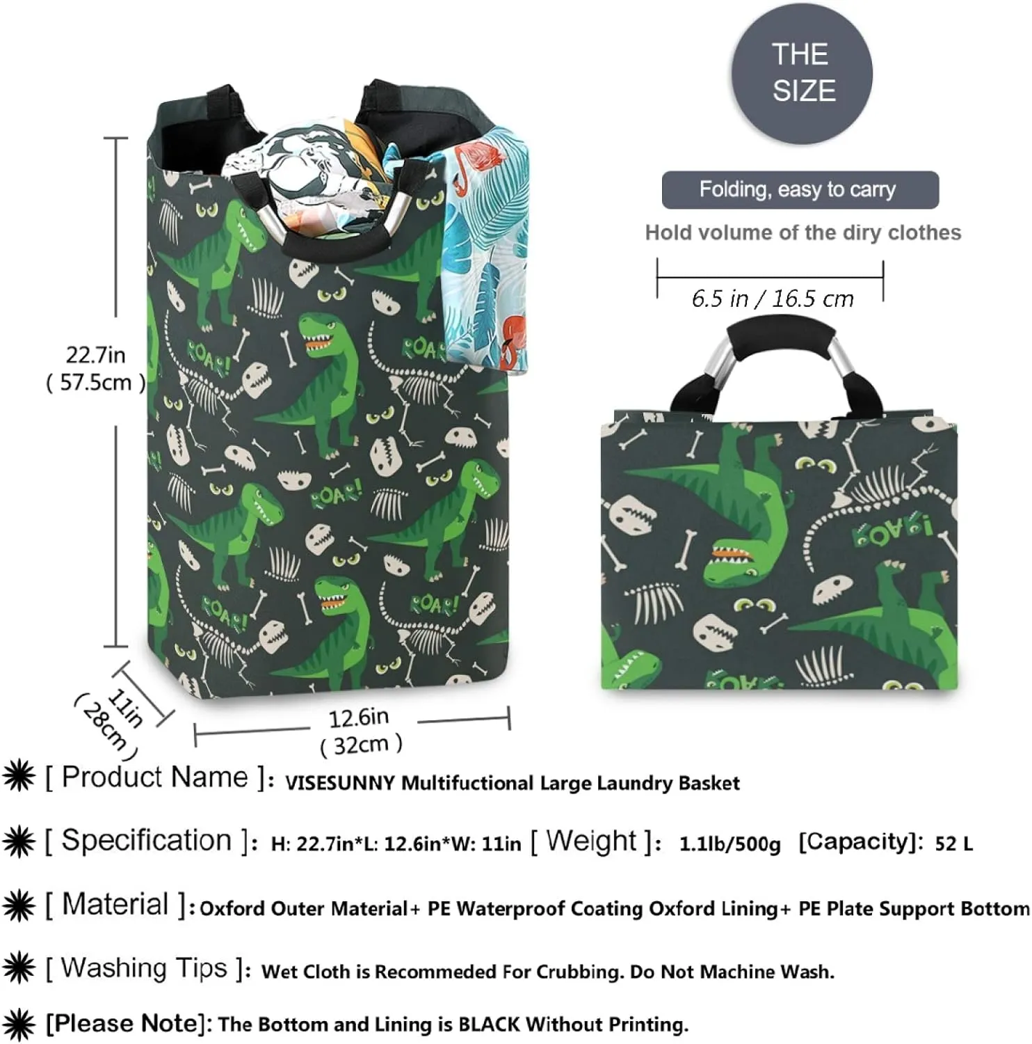 visesunny Collapsible Laundry Basket Dinosaur Bone Roar Animal Large Laundry Hamper with Handle Toys and Clothing Organization for Bathroom, Bedroom, Home, Dorm, Travel