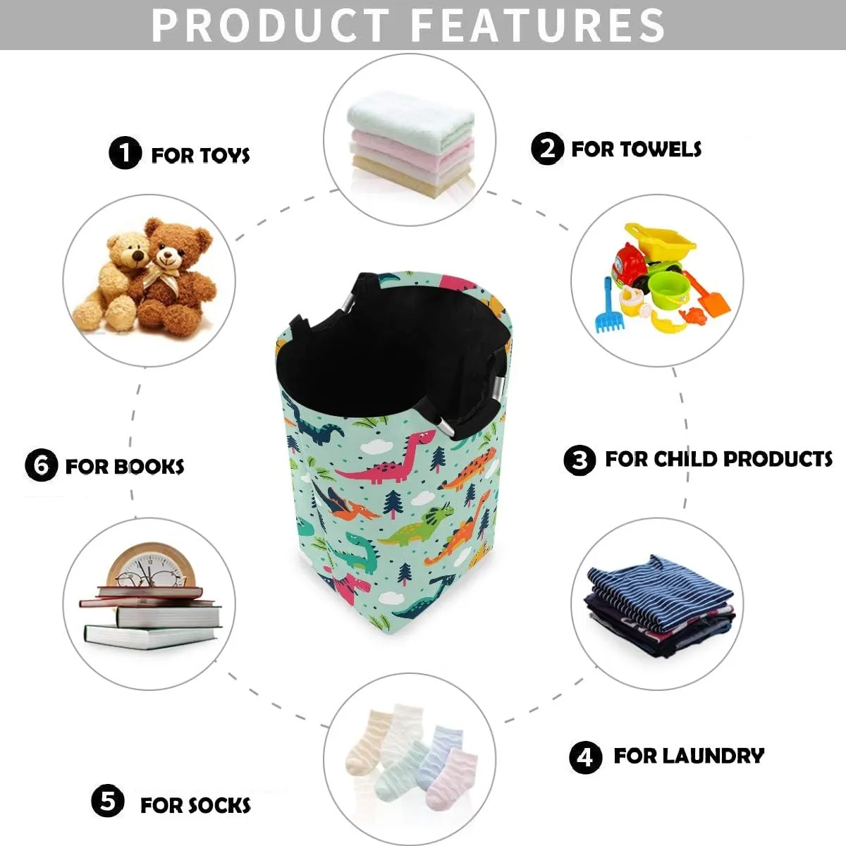 visesunny Collapsible Laundry Basket Dinosaur Cloud Tree Dot Large Laundry Hamper with Handle Toys and Clothing Organization for Bathroom, Bedroom, Home, Dorm, Travel