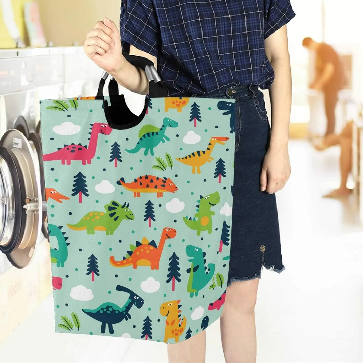 visesunny Collapsible Laundry Basket Dinosaur Cloud Tree Dot Large Laundry Hamper with Handle Toys and Clothing Organization for Bathroom, Bedroom, Home, Dorm, Travel