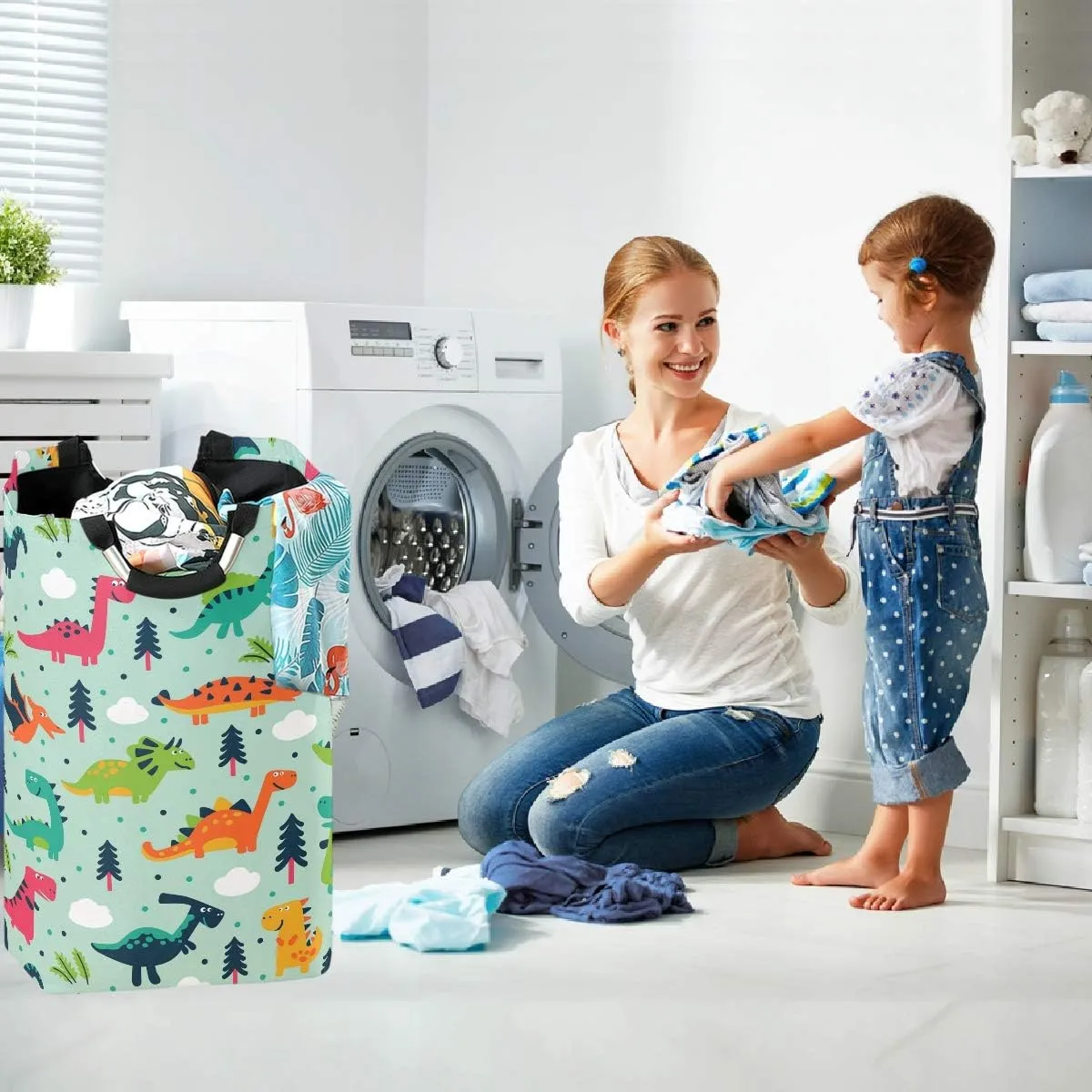 visesunny Collapsible Laundry Basket Dinosaur Cloud Tree Dot Large Laundry Hamper with Handle Toys and Clothing Organization for Bathroom, Bedroom, Home, Dorm, Travel