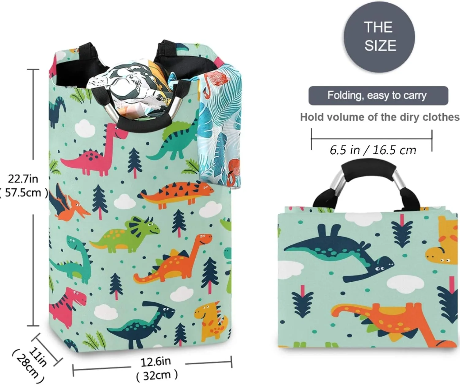 visesunny Collapsible Laundry Basket Dinosaur Cloud Tree Dot Large Laundry Hamper with Handle Toys and Clothing Organization for Bathroom, Bedroom, Home, Dorm, Travel